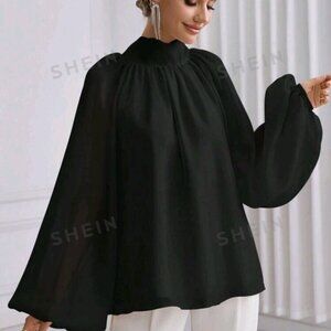 SHEIN Prive` Women's Stand Collar Raglan Lantern Sleeve Shirt